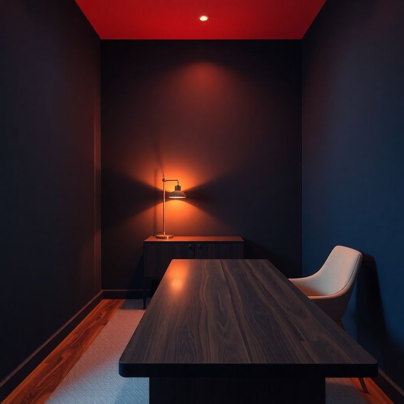 Private consulting room with midnight-blue walls and warm coral accent lighting