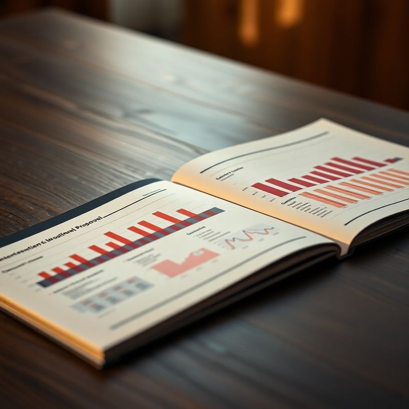 Structured financial proposal document with midnight-coral colour-coded charts on a dark timber table