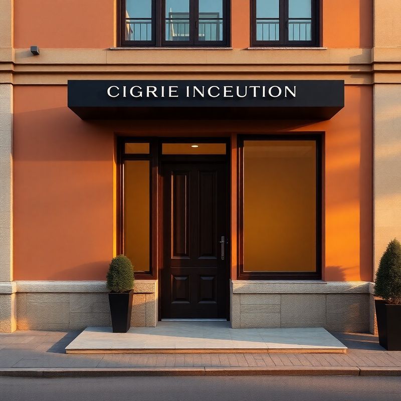 Discreet ochre-stone building entrance with dark timber door in warm afternoon light