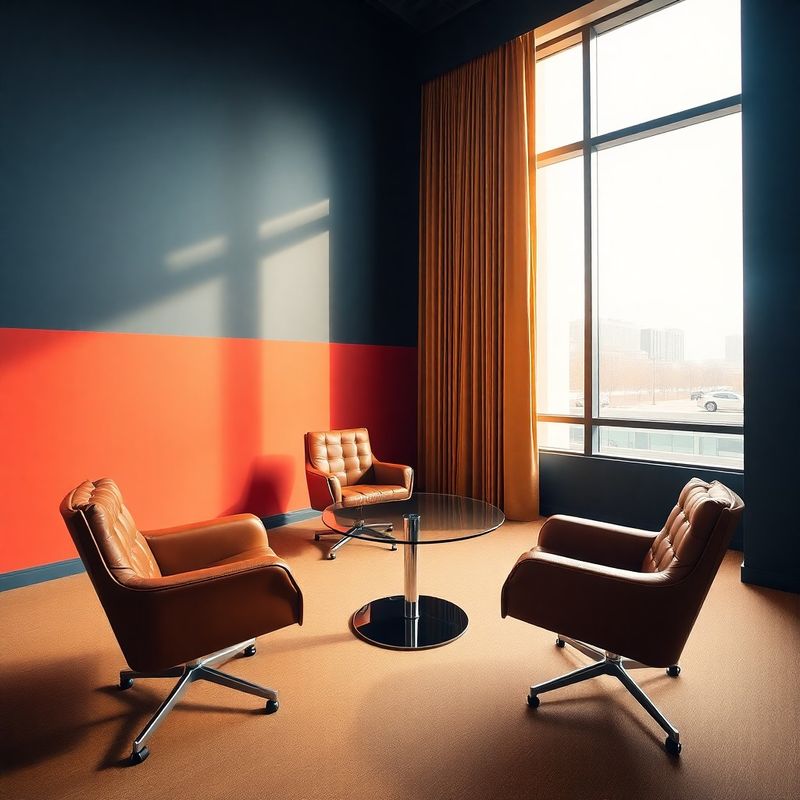 Minimalist Bucharest boardroom with three empty leather chairs around a glass table and warm window light